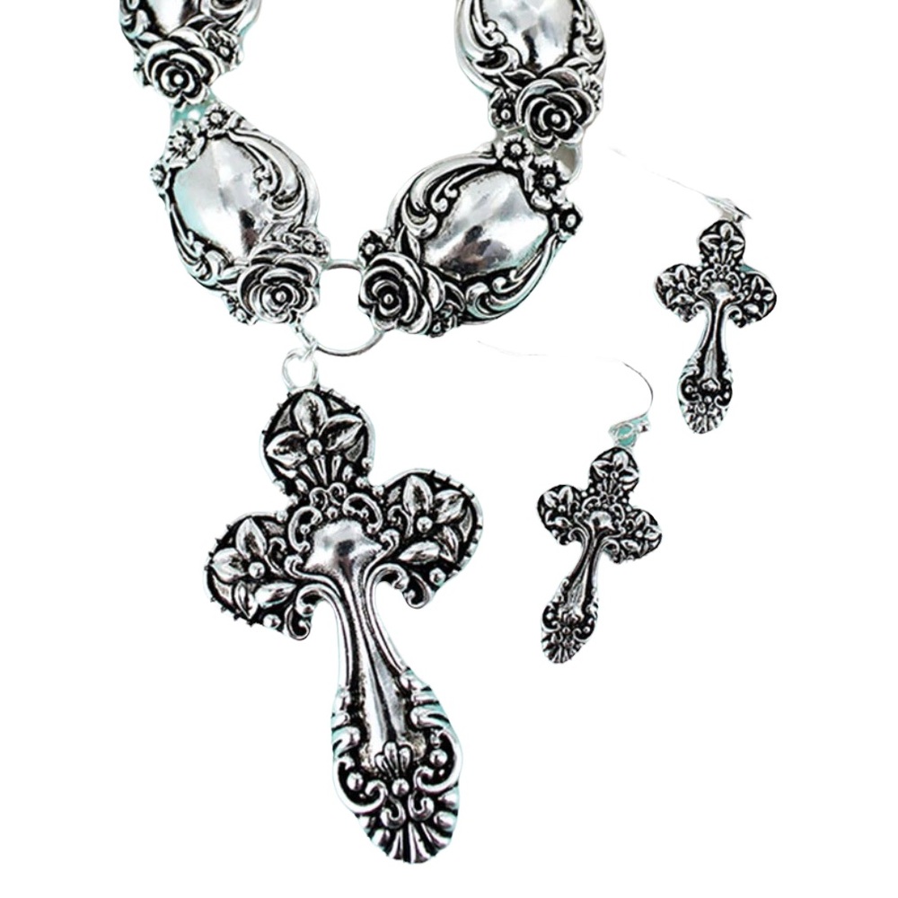 Women’s set 18” Necklace and Earrings Antique Spoon Cross